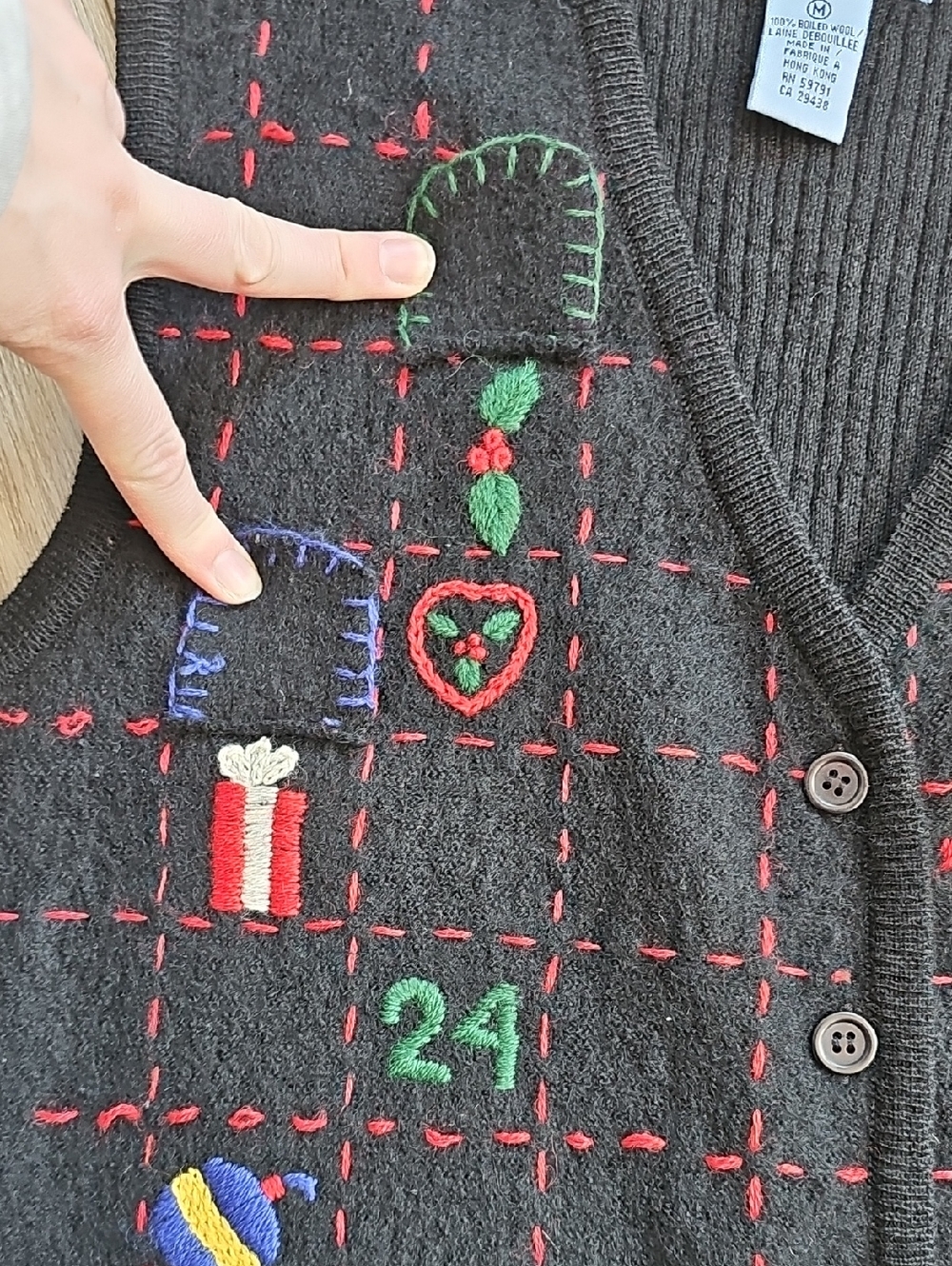 Vintage Boiled Wool Ugly Christmas Sweater Vest Christmas Countdown Embroidery - Picture 5 of 13